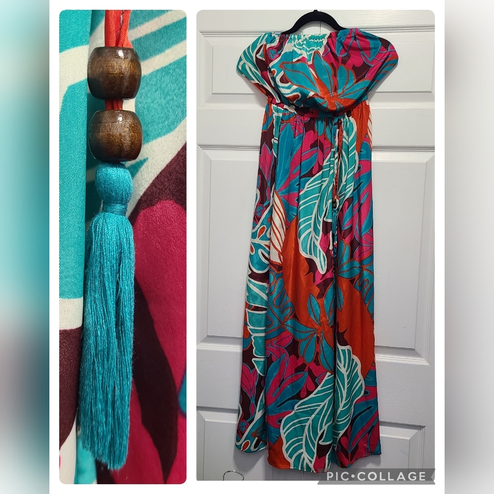 Tropical Multicolor Strapless Jumpsuit‎ Wooden Beads Tassle Size Small - Picture 2 of 7